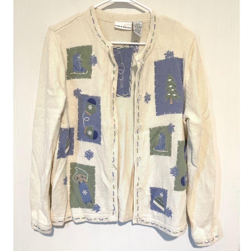 VTG Croft & Barrow Cardigan Women S Cream Winter Embroidered Christmas Holiday